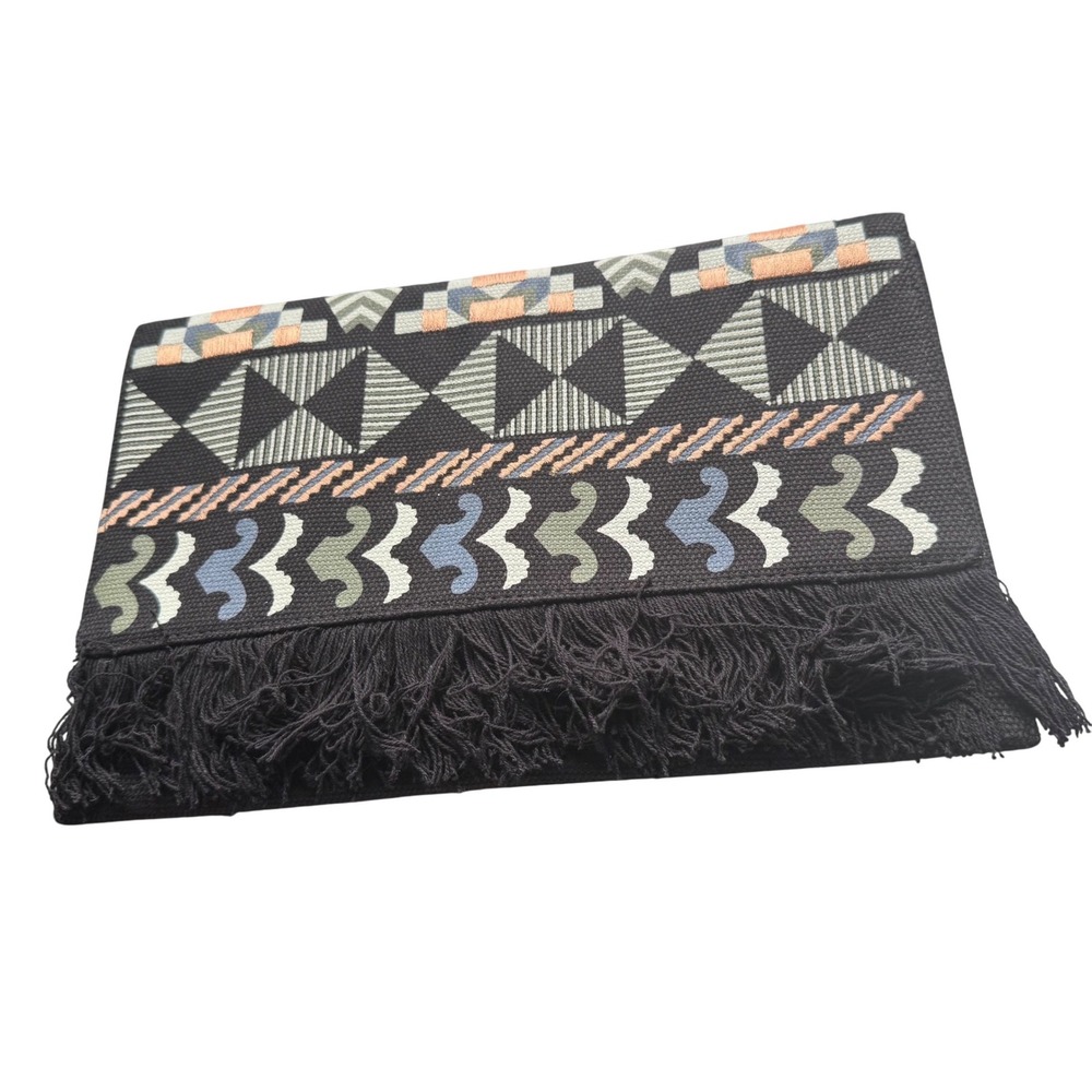 Stella & Dot Taj Embroidered Fringe Clutch Black Boho NWOT 13x5.5‎